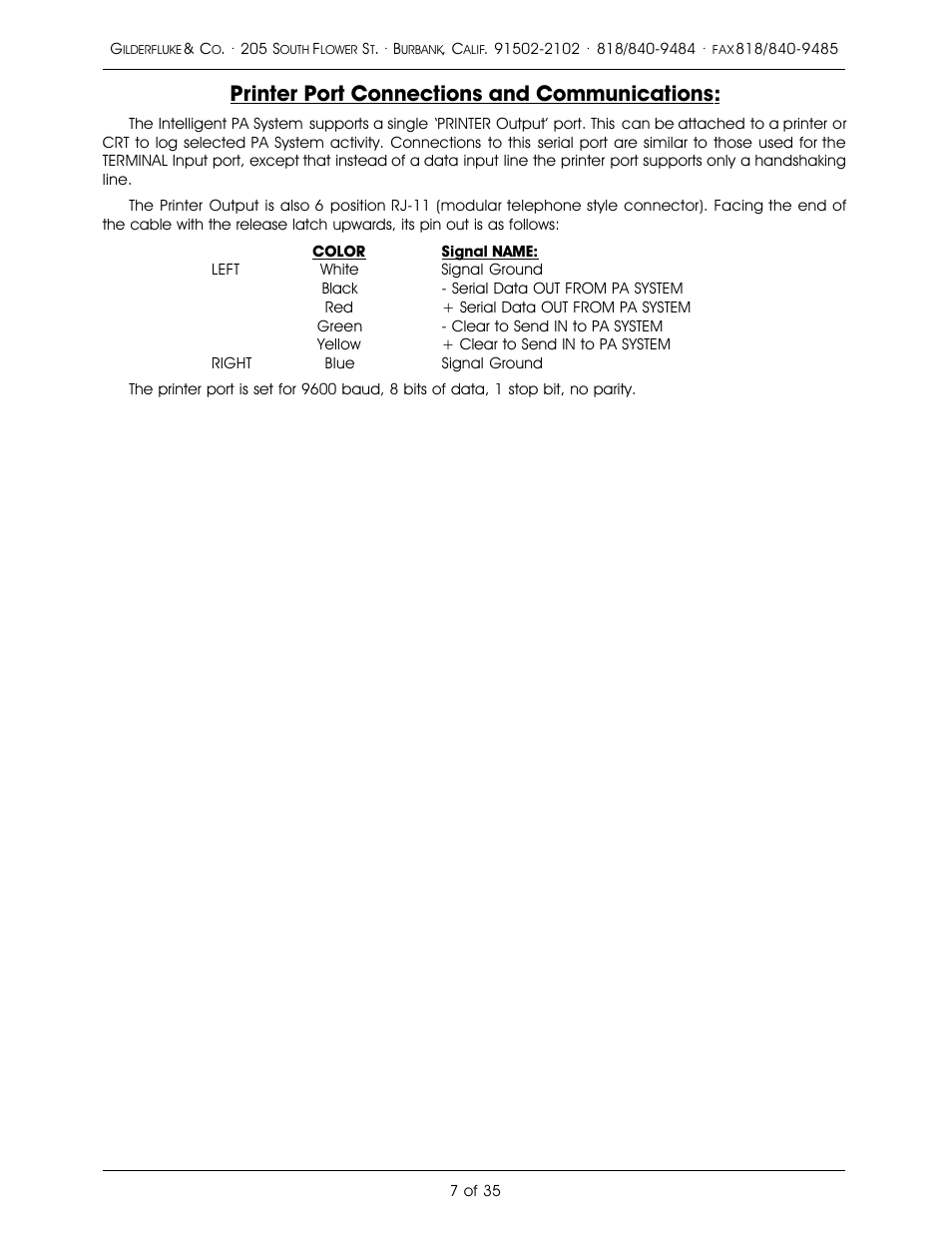 Printer port connections and communications | Gilderfluke&Co PA System User Manual | Page 11 / 39