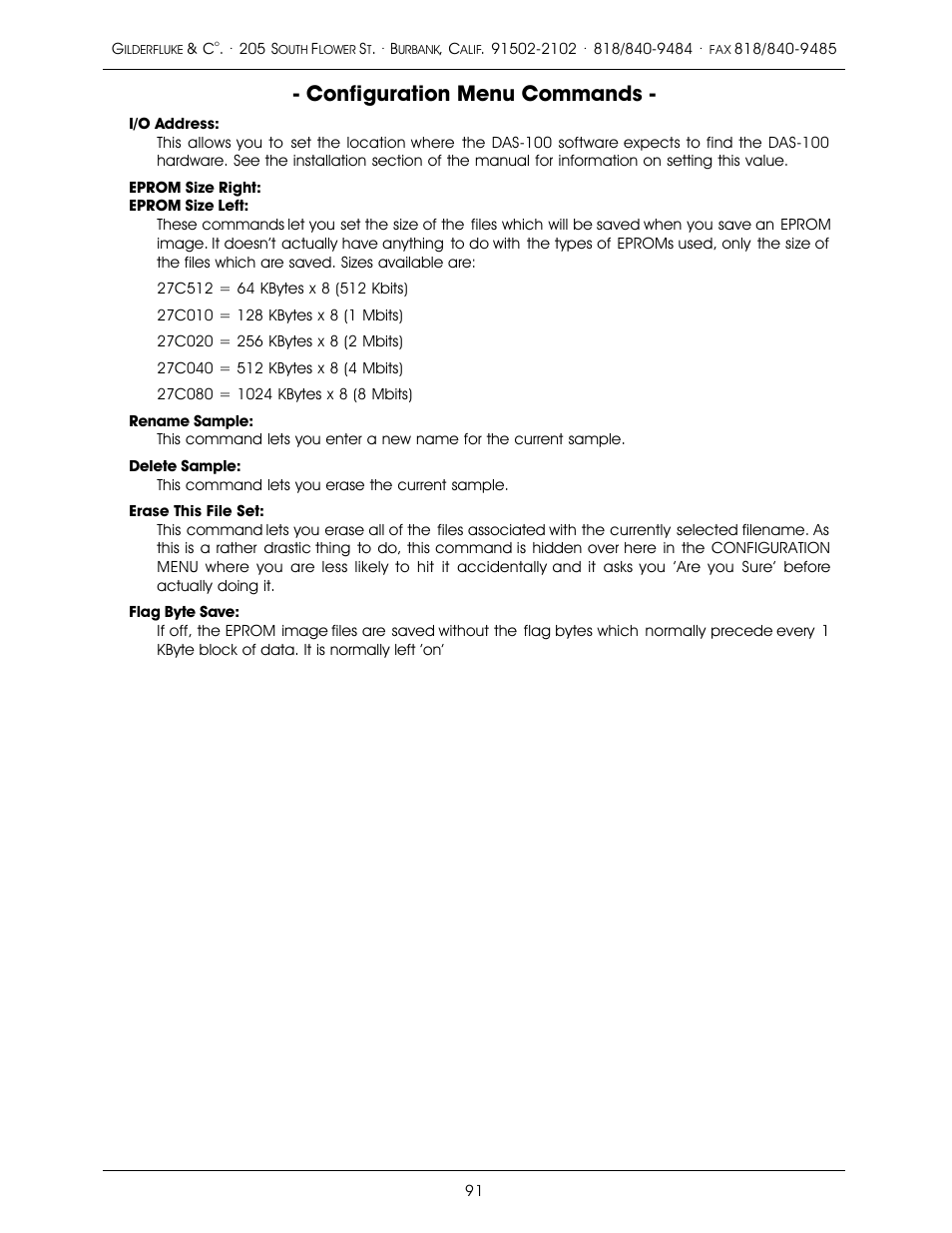 Configuration menu commands | Gilderfluke&Co old MACs 8 bit Digital Audio System User Manual | Page 101 / 110