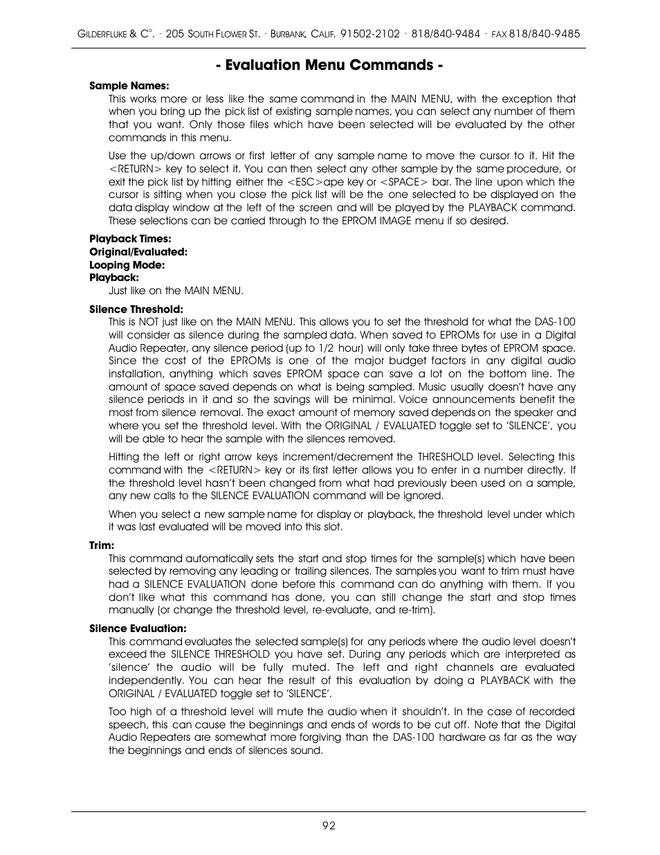 Evaluation menu commands | Gilderfluke&Co old MACs 8 bit Digital Audio System User Manual | Page 102 / 110