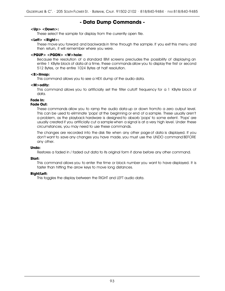 Data dump commands | Gilderfluke&Co old MACs 8 bit Digital Audio System User Manual | Page 103 / 110