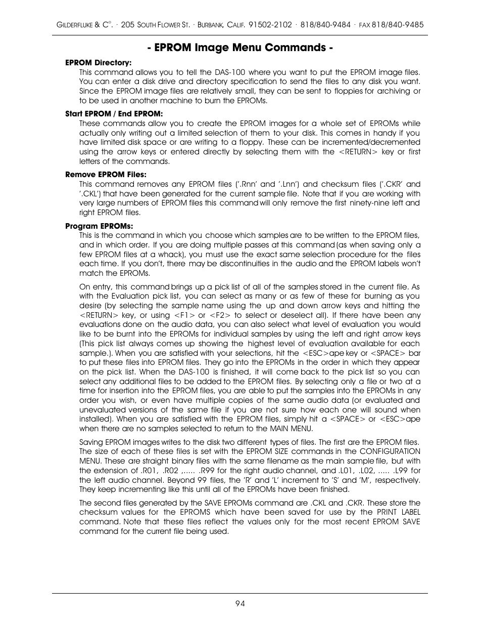 Eprom image menu commands | Gilderfluke&Co old MACs 8 bit Digital Audio System User Manual | Page 104 / 110