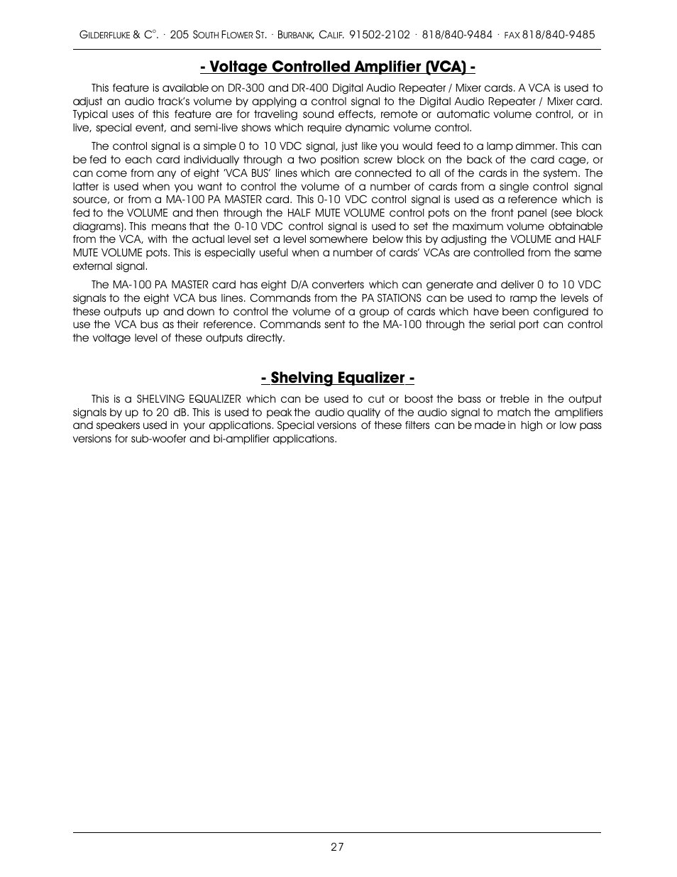 Voltage controlled amplifier (vca), Shelving equalizer | Gilderfluke&Co old MACs 8 bit Digital Audio System User Manual | Page 37 / 110