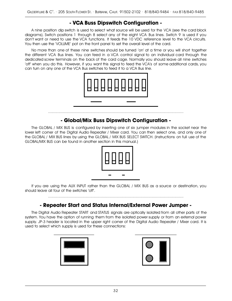 Vca buss dipswitch configuration, Global/mix buss dipswitch configuration, 18 i vca bus | 14 mix | Gilderfluke&Co old MACs 8 bit Digital Audio System User Manual | Page 42 / 110