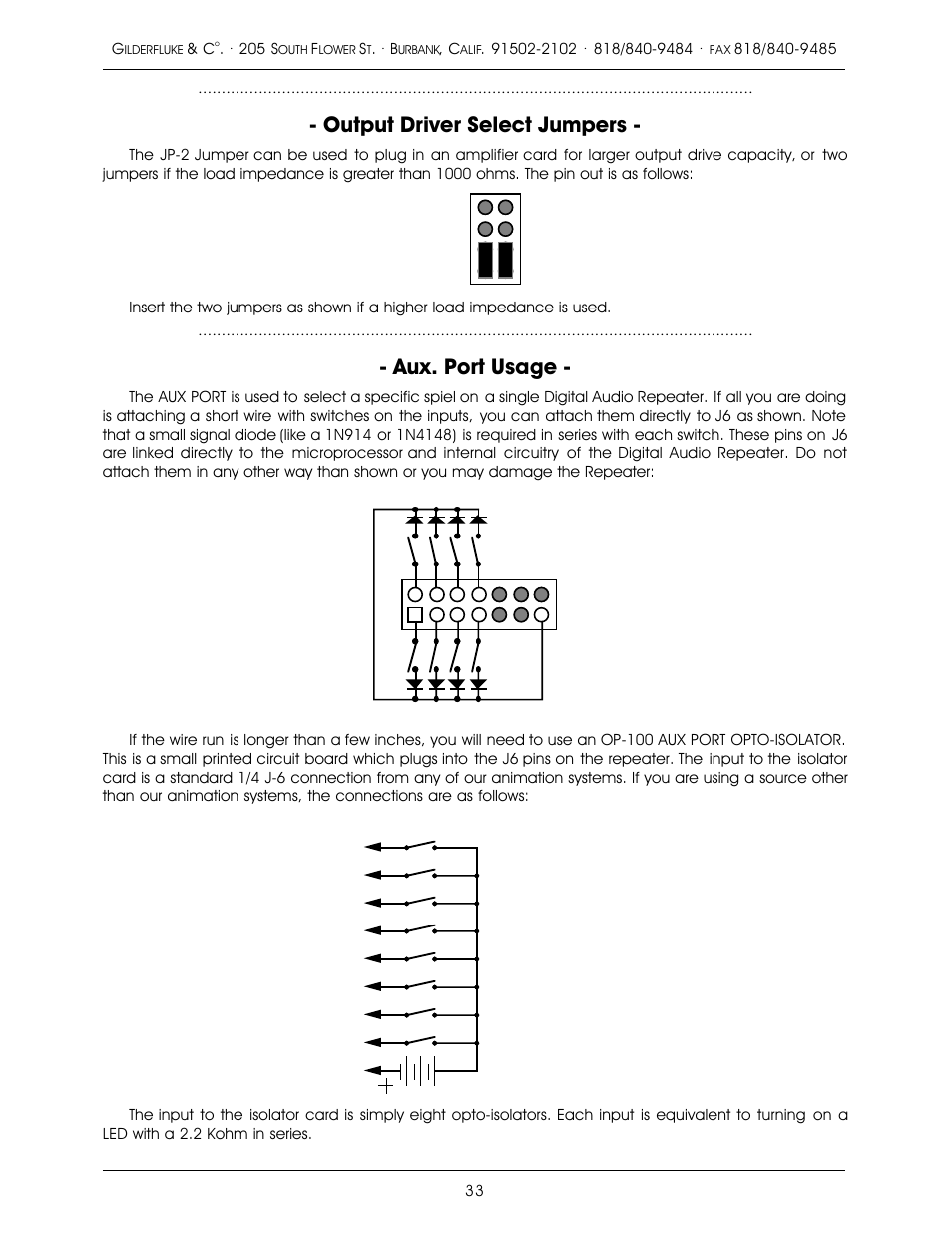 Output driver select jumpers, Aux. port usage | Gilderfluke&Co old MACs 8 bit Digital Audio System User Manual | Page 43 / 110