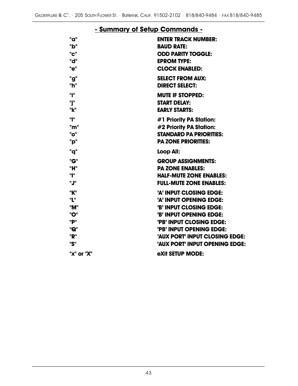 Summary of setup commands | Gilderfluke&Co old MACs 8 bit Digital Audio System User Manual | Page 53 / 110