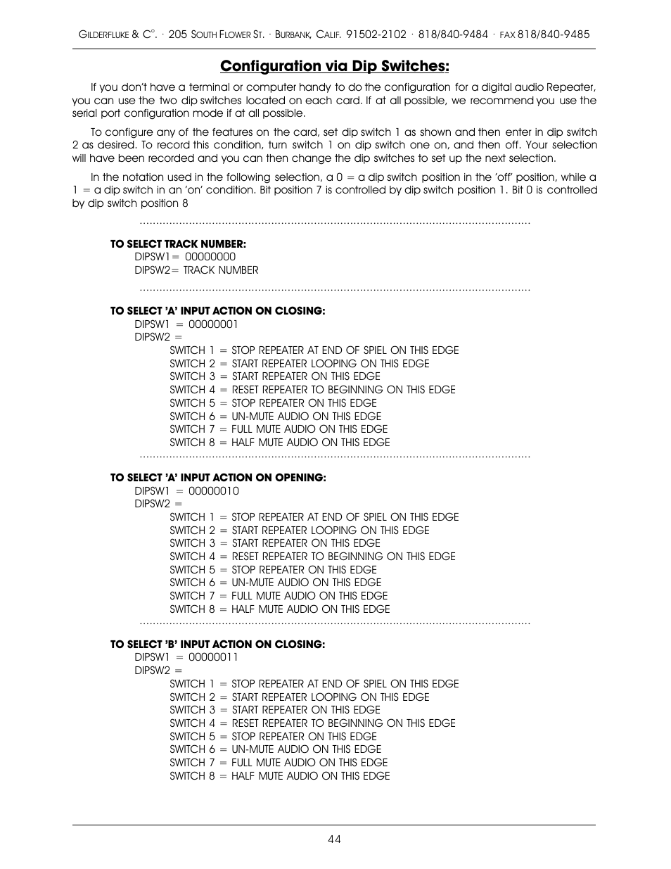 Configuration via dip switches | Gilderfluke&Co old MACs 8 bit Digital Audio System User Manual | Page 54 / 110