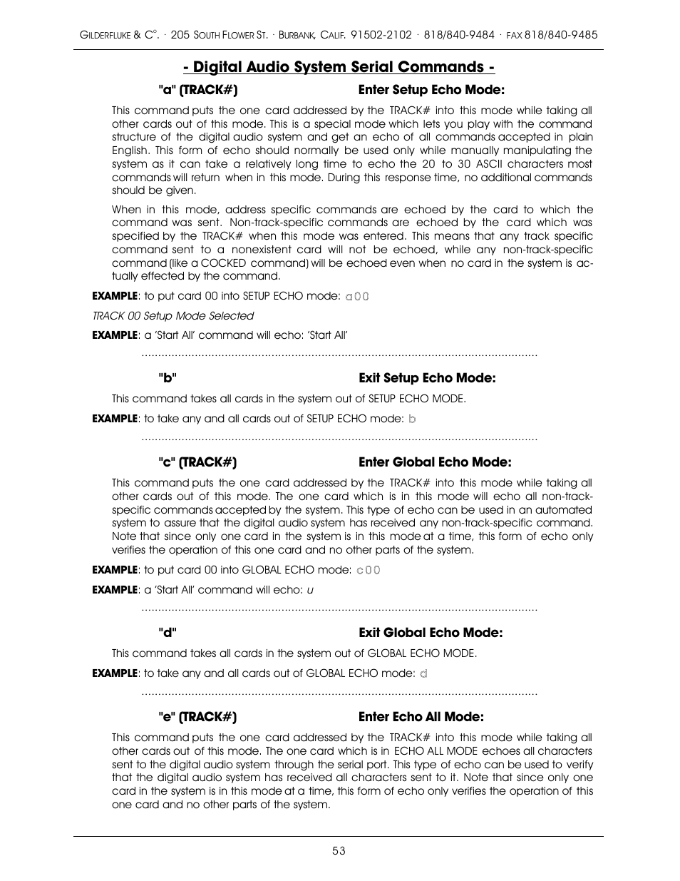 Digital audio system serial commands | Gilderfluke&Co old MACs 8 bit Digital Audio System User Manual | Page 63 / 110