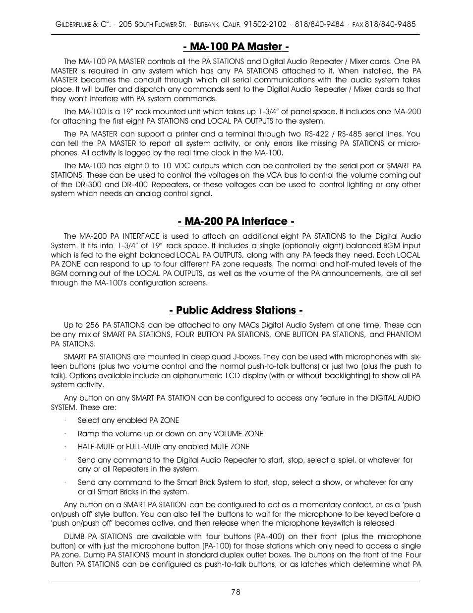 Ma-100 pa master, Ma-200 pa interface, Public address stations | Gilderfluke&Co old MACs 8 bit Digital Audio System User Manual | Page 88 / 110