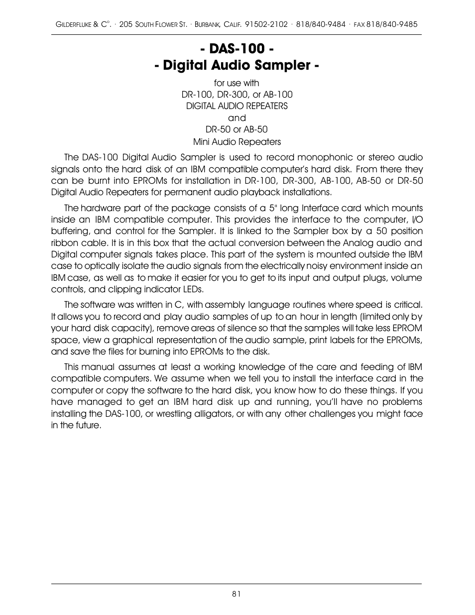 Das-100 - - digital audio sampler | Gilderfluke&Co old MACs 8 bit Digital Audio System User Manual | Page 91 / 110