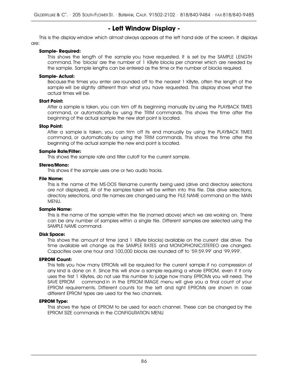 Left window display | Gilderfluke&Co old MACs 8 bit Digital Audio System User Manual | Page 96 / 110