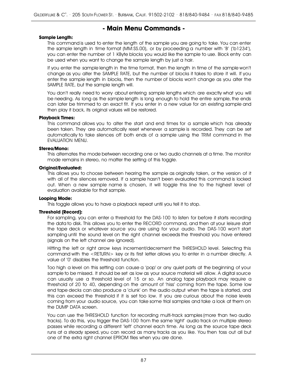 Main menu commands | Gilderfluke&Co old MACs 8 bit Digital Audio System User Manual | Page 97 / 110