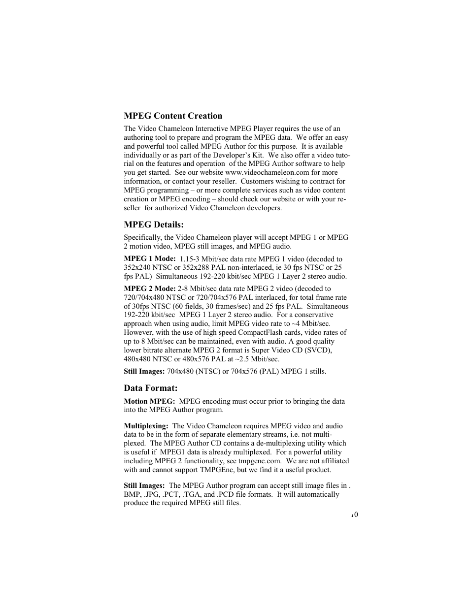 Mpeg content creation, Mpeg details, Data format | Gilderfluke&Co Video Chameleon User Manual | Page 10 / 12