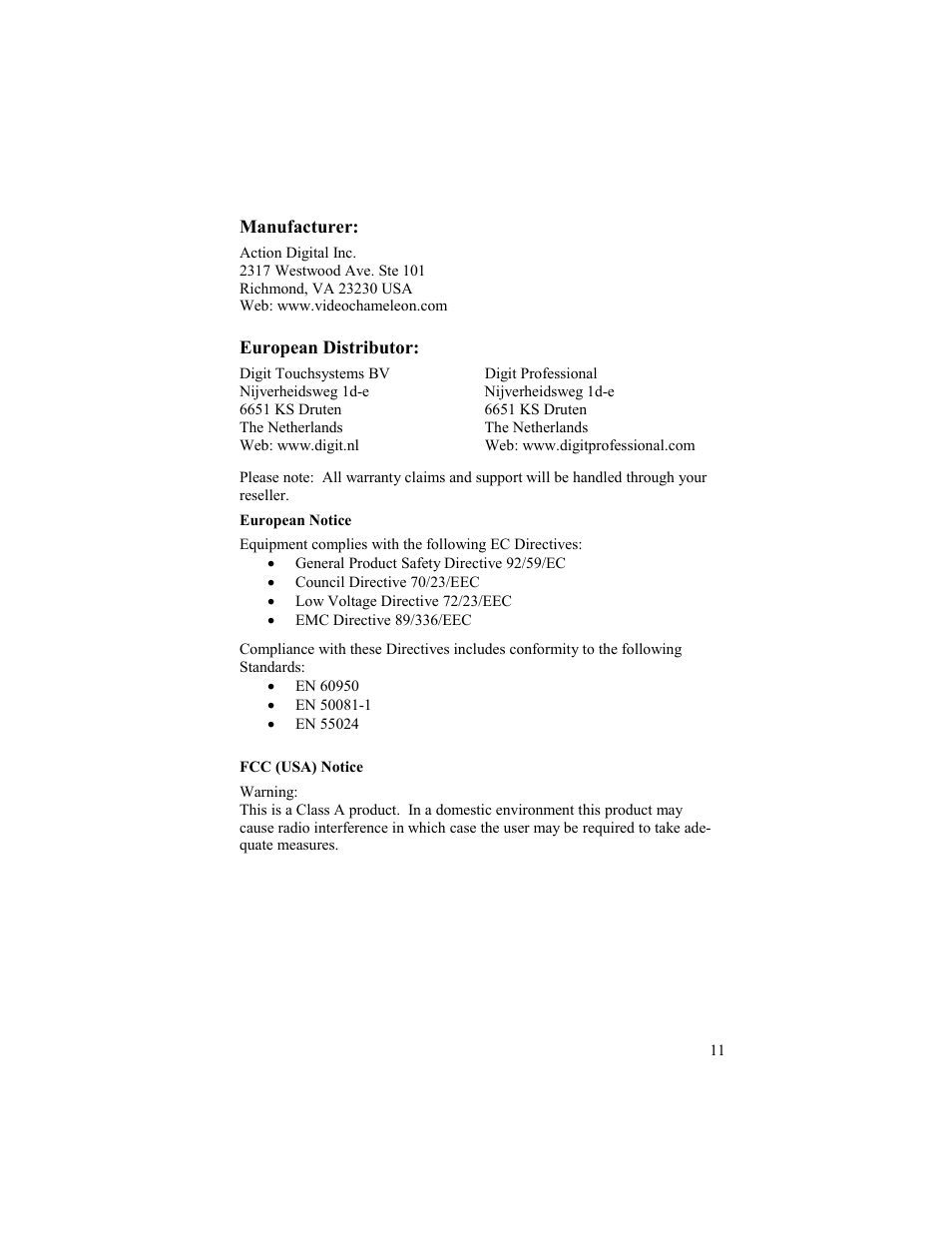 Manufacturer, European distributor | Gilderfluke&Co Video Chameleon User Manual | Page 11 / 12
