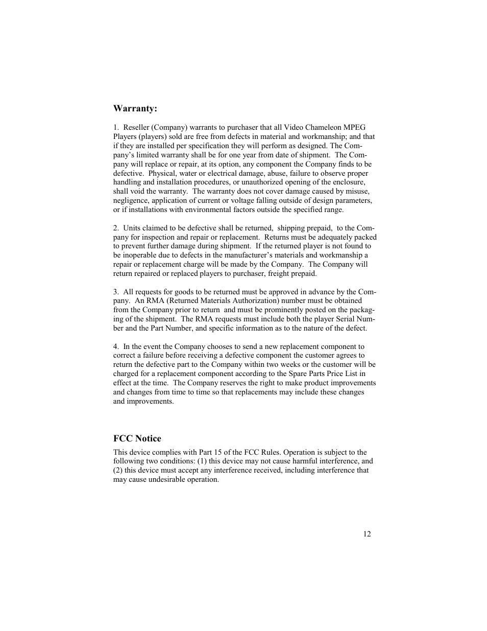 Warranty, Fcc notice | Gilderfluke&Co Video Chameleon User Manual | Page 12 / 12