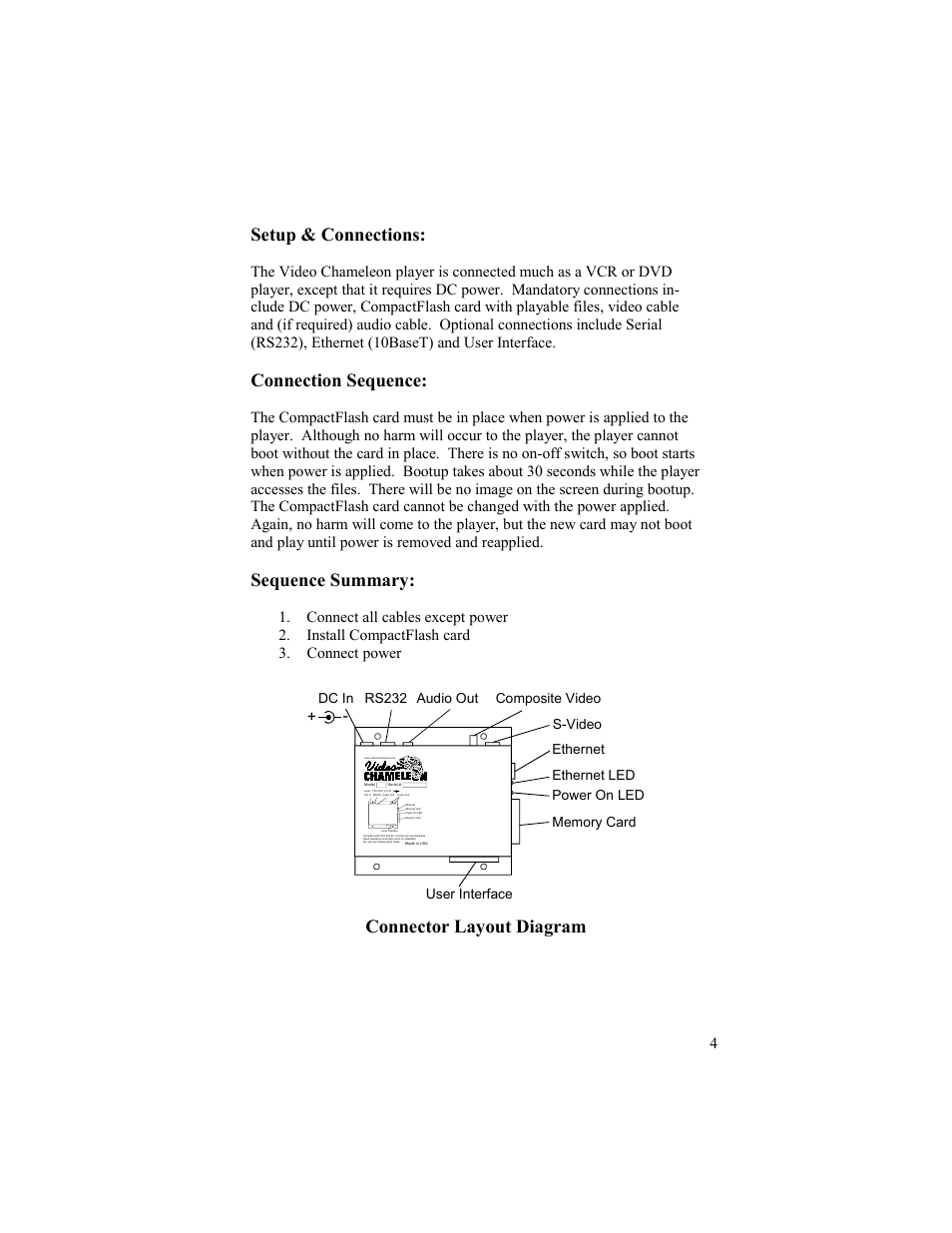 Setup & connections, Connection sequence, Sequence summary | Connector layout diagram, Composite video s-video | Gilderfluke&Co Video Chameleon User Manual | Page 4 / 12
