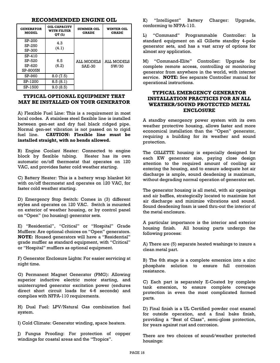Recommended engine oil | Gillette Generators SP-1500 User Manual | Page 18 / 30