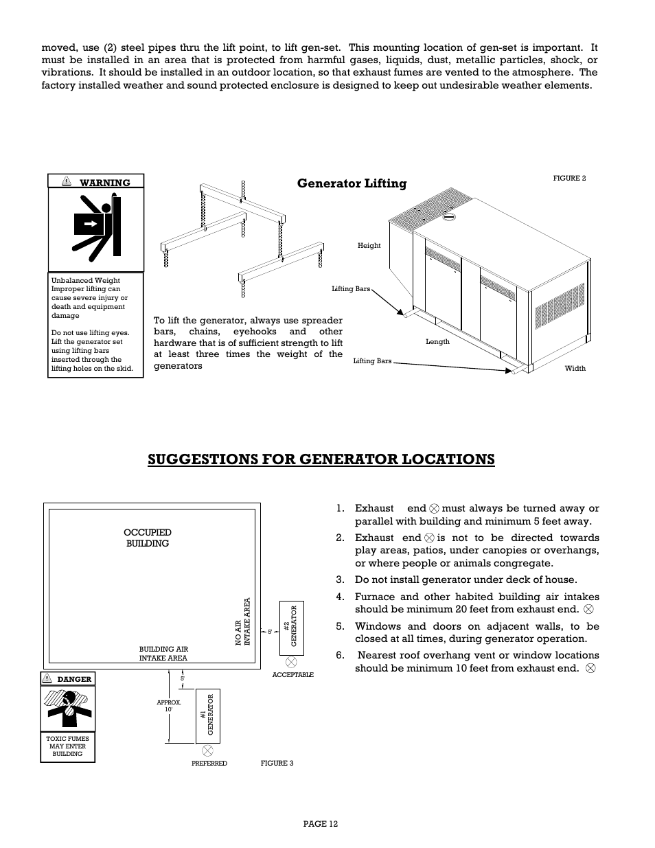 Suggestions for generator locations, Generator lifting | Gillette Generators SPMD-2500 THRU SPMD-4000 User Manual | Page 12 / 27