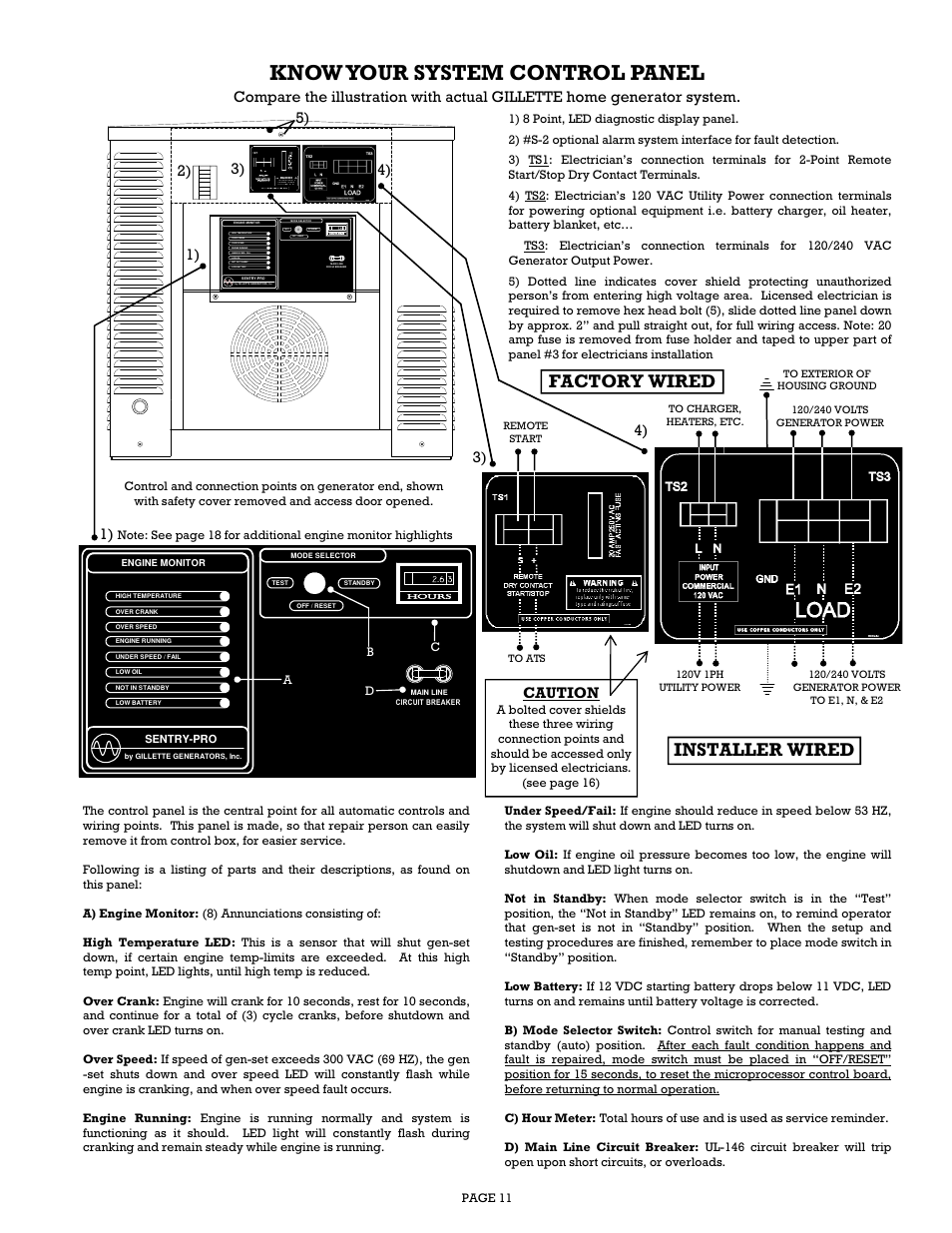 Know your system control panel, Factory wired installer wired, Caution | Gillette Generators SPP-180 User Manual | Page 11 / 32