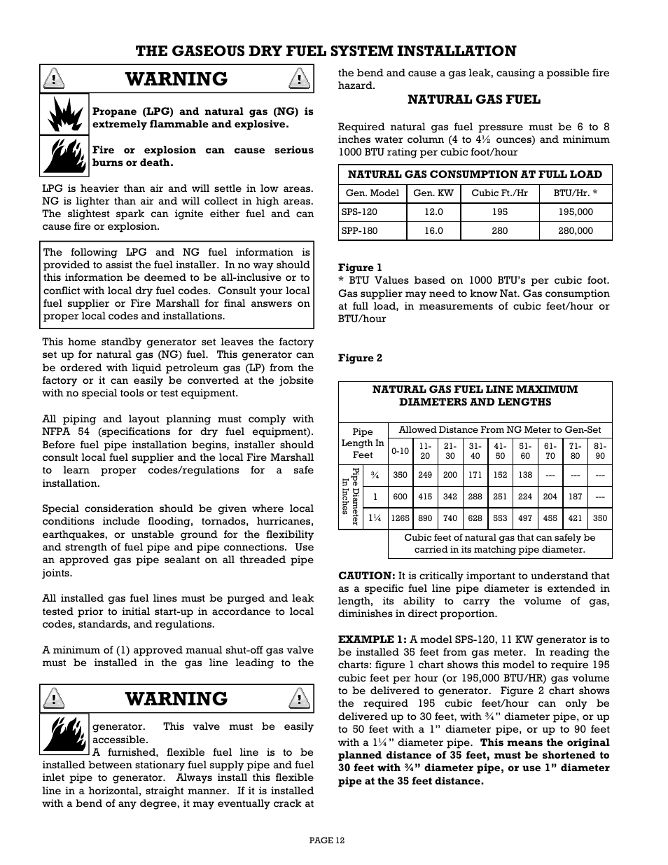 Warning, The gaseous dry fuel system installation, Natural gas fuel | Gillette Generators SPP-180 User Manual | Page 12 / 32