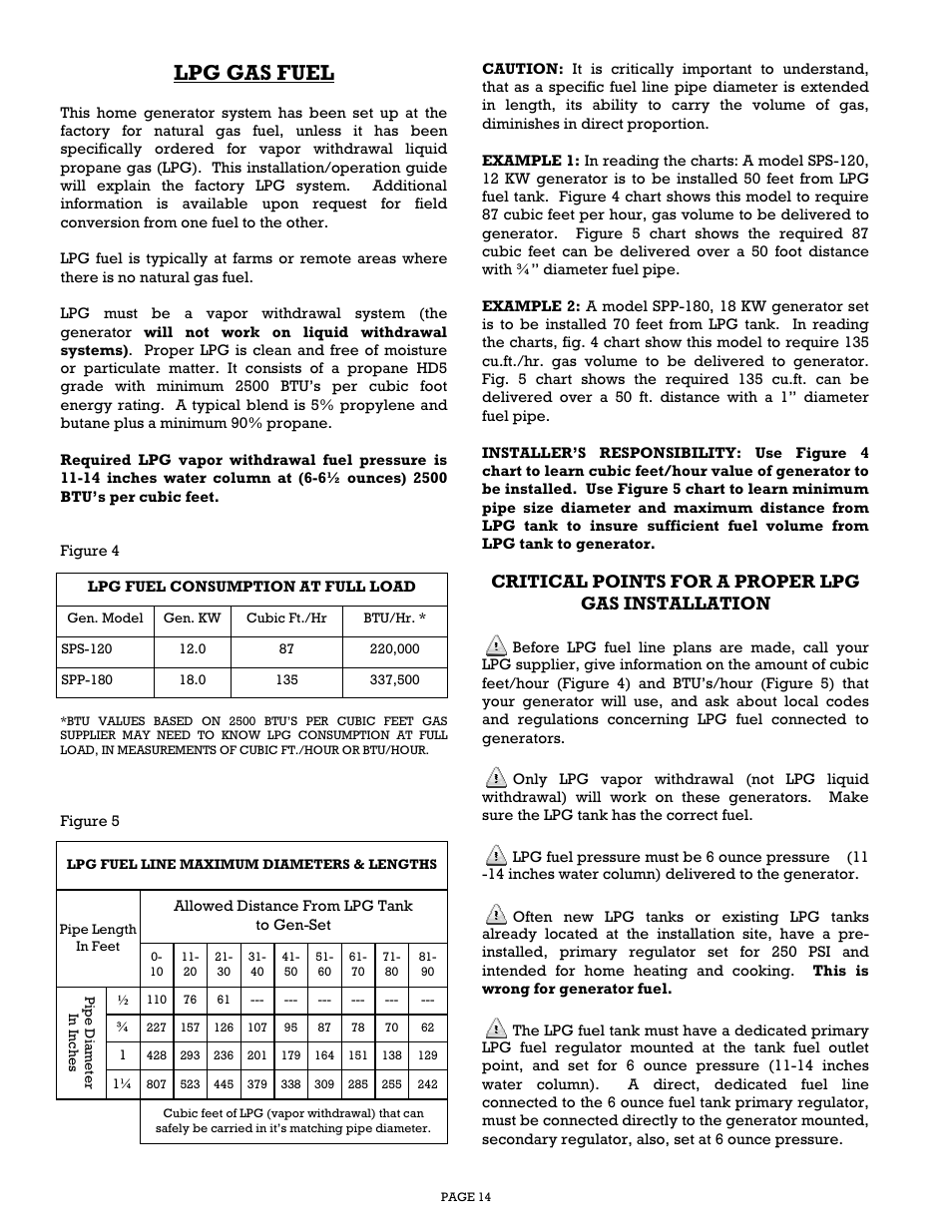 Lpg gas fuel, Critical points for a proper lpg gas installation | Gillette Generators SPP-180 User Manual | Page 14 / 32