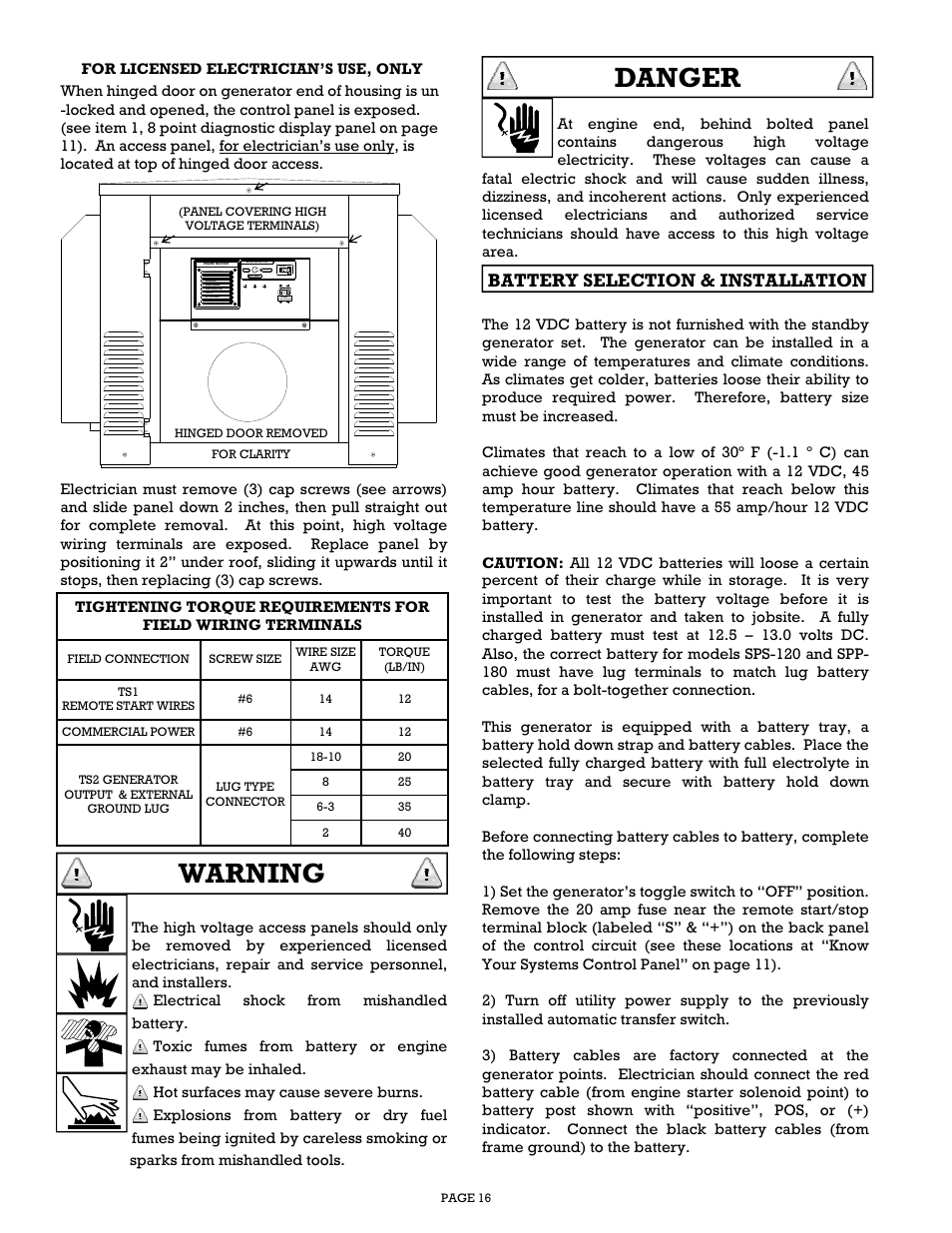 Danger, Warning, Battery selection & installation | Gillette Generators SPP-180 User Manual | Page 16 / 32