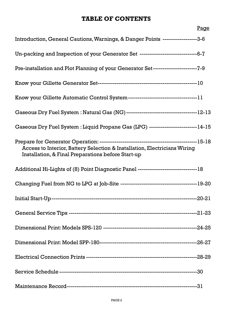 Gillette Generators SPP-180 User Manual | Page 2 / 32