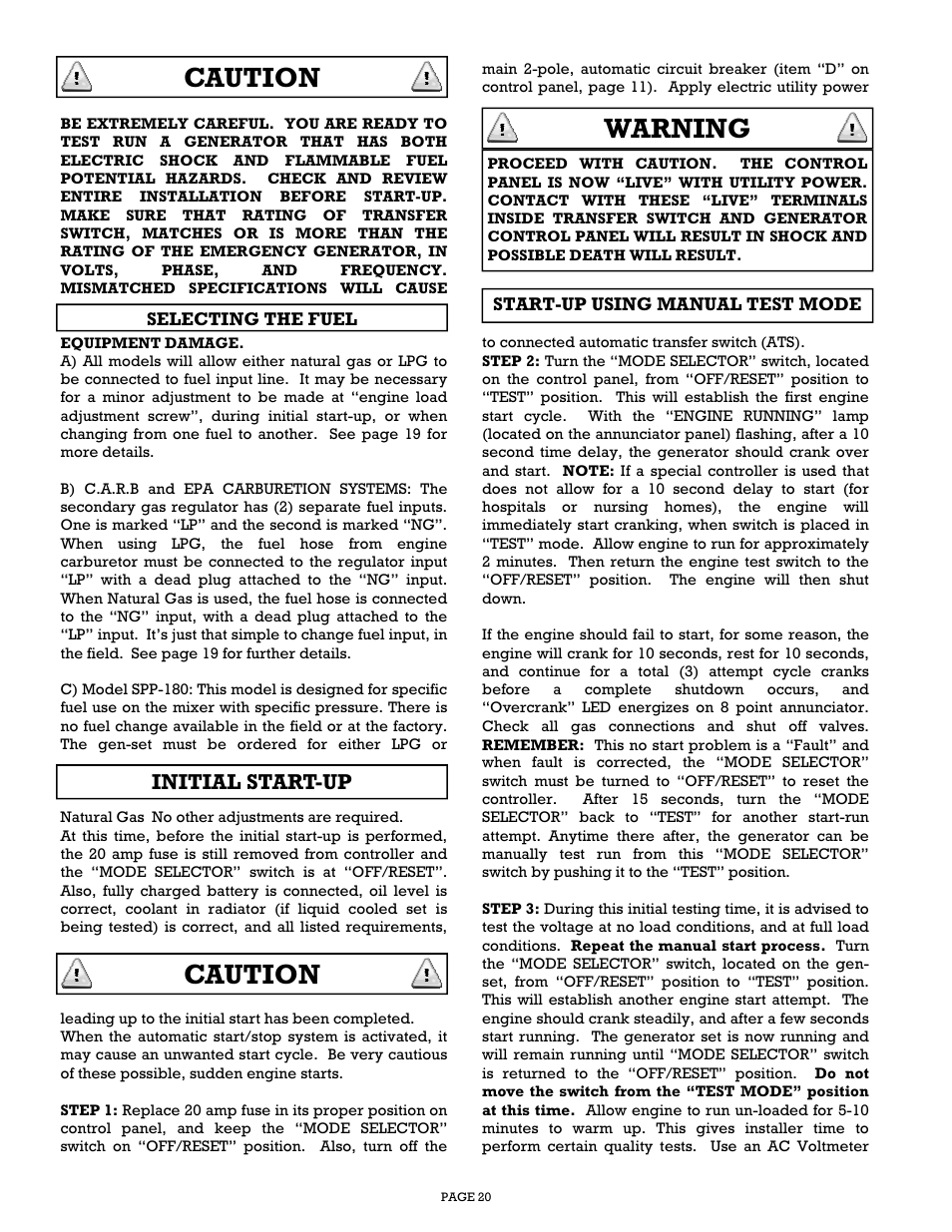 Caution, Warning, Initial start-up | Gillette Generators SPP-180 User Manual | Page 20 / 32