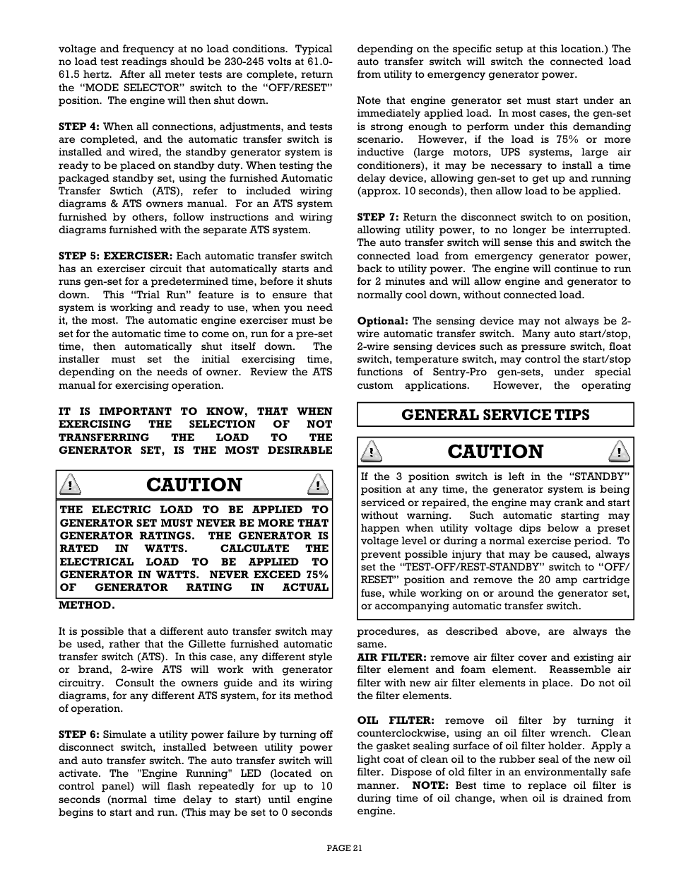 Caution, General service tips | Gillette Generators SPP-180 User Manual | Page 21 / 32