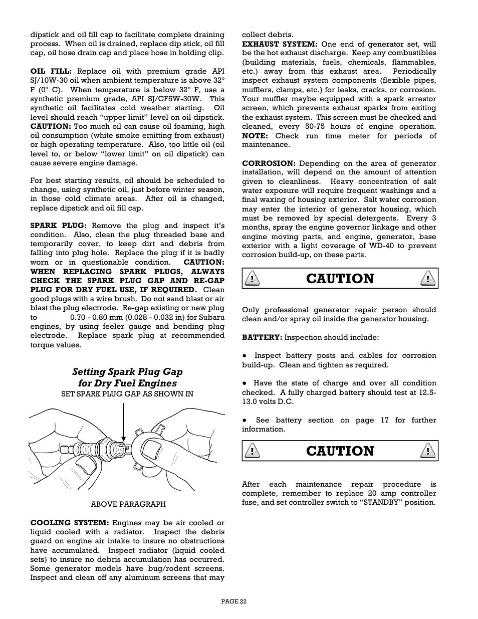 Caution, Setting spark plug gap for dry fuel engines | Gillette Generators SPP-180 User Manual | Page 22 / 32