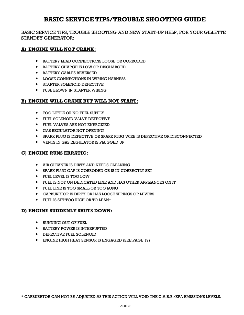 Basic service tips/trouble shooting guide | Gillette Generators SPP-180 User Manual | Page 23 / 32