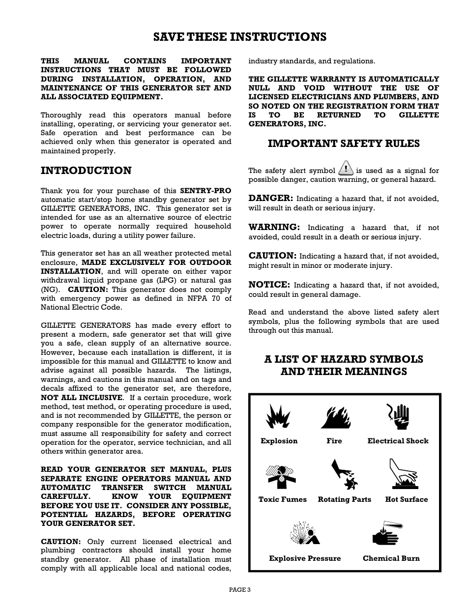 Save these instructions, Introduction, Important safety rules | A list of hazard symbols and their meanings | Gillette Generators SPP-180 User Manual | Page 3 / 32