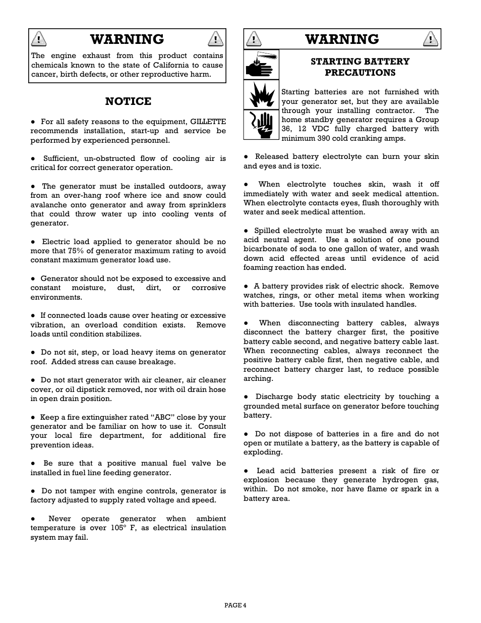 Warning, Notice | Gillette Generators SPP-180 User Manual | Page 4 / 32