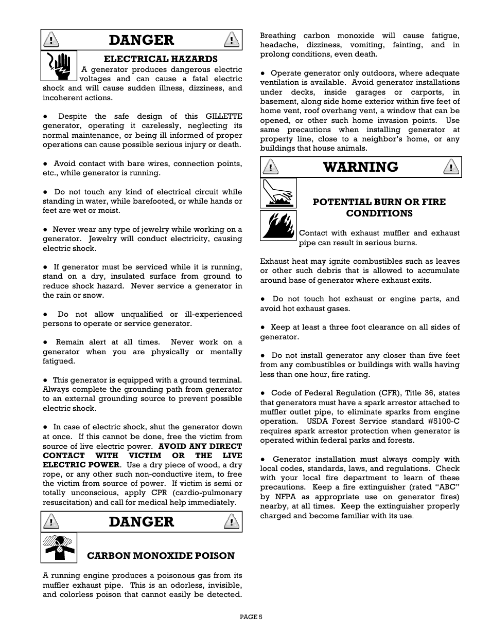 Danger, Warning | Gillette Generators SPP-180 User Manual | Page 5 / 32