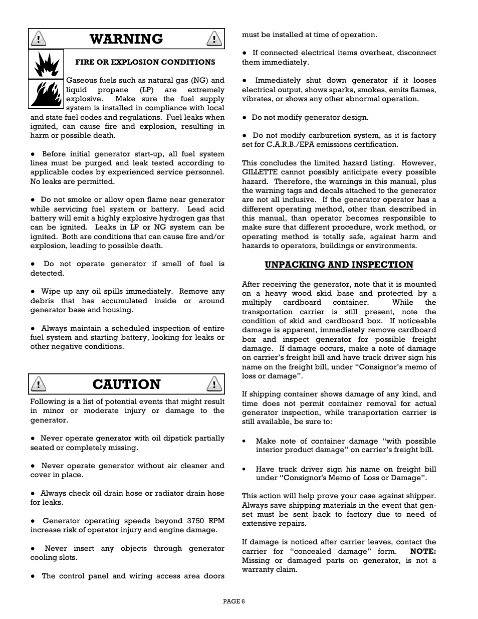 Warning, Caution | Gillette Generators SPP-180 User Manual | Page 6 / 32
