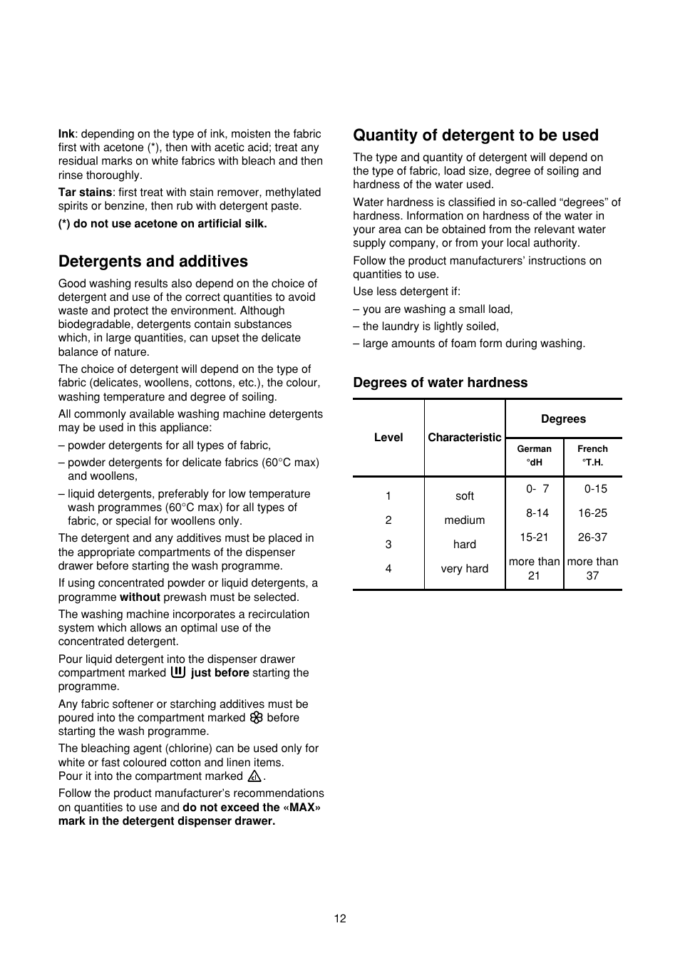 Detergents and additives, Quantity of detergent to be used | Zanussi FA 523 User Manual | Page 12 / 42