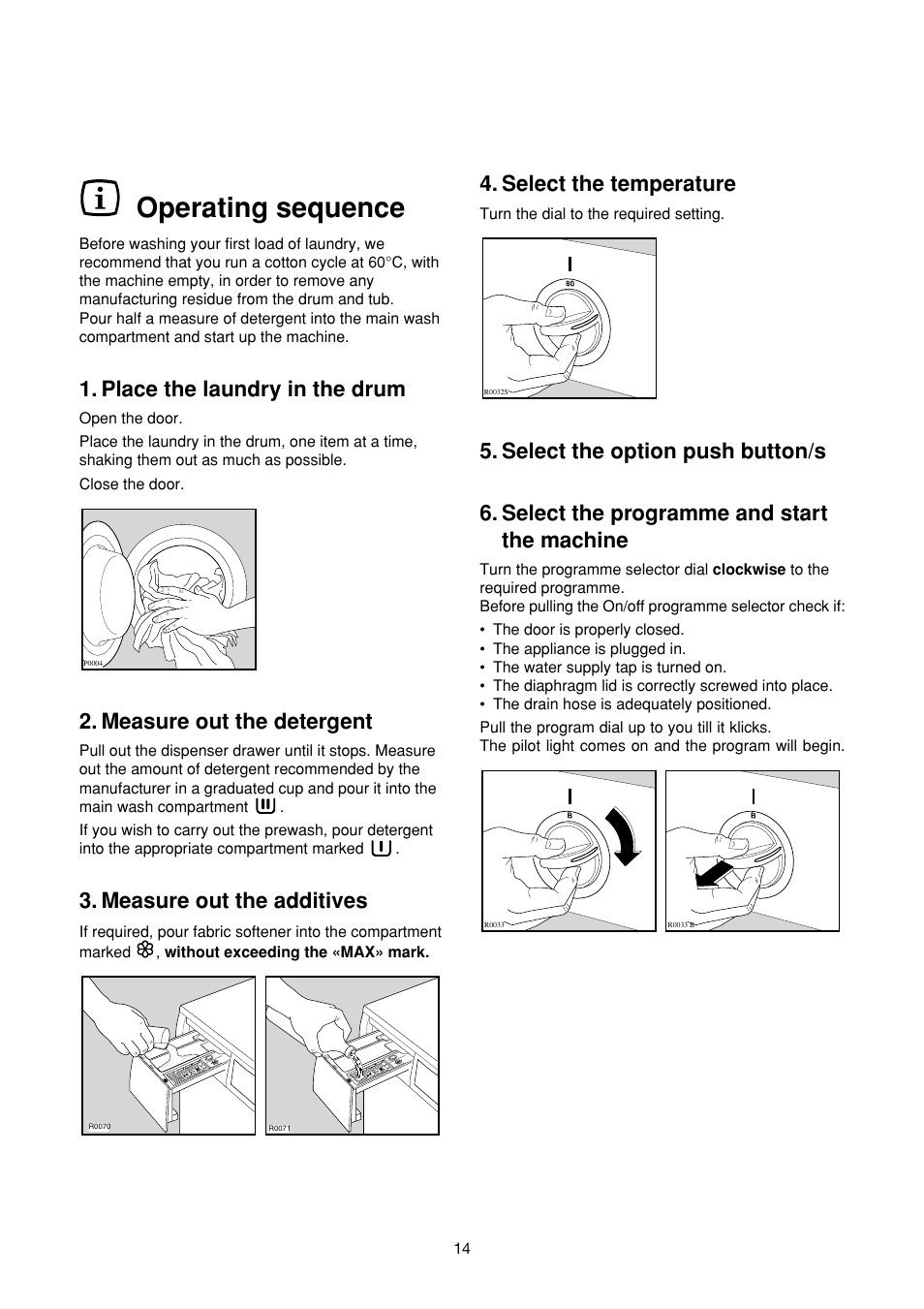 Operating sequence, Select the temperature, Place the laundry in the drum | Measure out the detergent, Measure out the additives | Zanussi FA 523 User Manual | Page 14 / 42