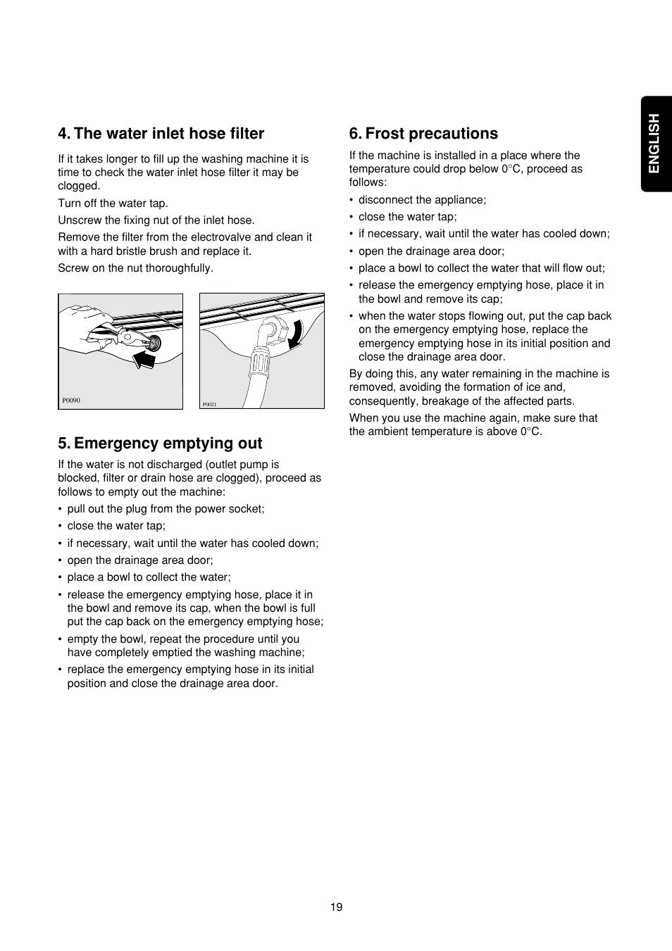 The water inlet hose filter, Emergency emptying out, Frost precautions | Zanussi FA 523 User Manual | Page 19 / 42