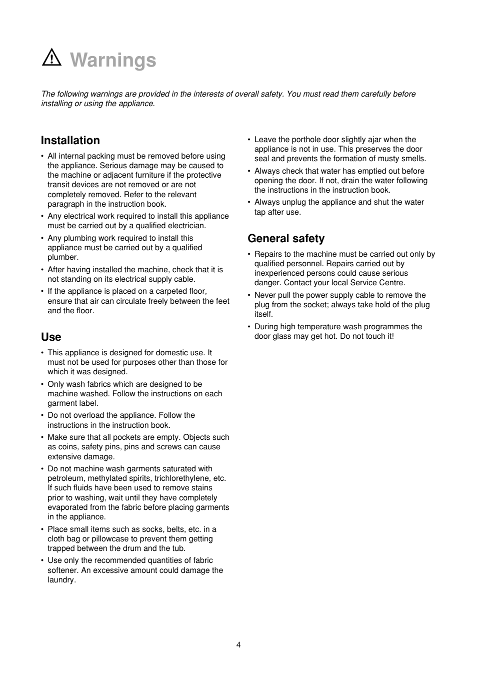 Warnings, Installation, General safety | Zanussi FA 523 User Manual | Page 4 / 42