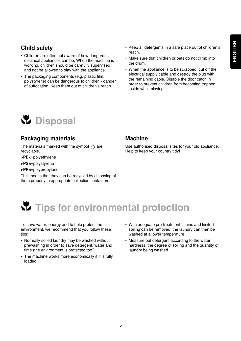 Disposal tips for environmental protection, Packaging materials, Machine | Child safety | Zanussi FA 523 User Manual | Page 5 / 42