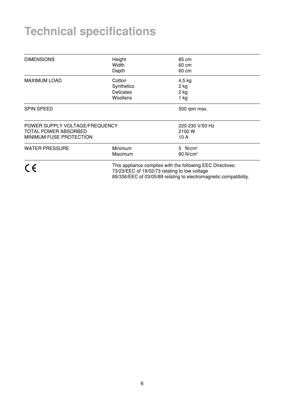 Technical specifications | Zanussi FA 523 User Manual | Page 6 / 42