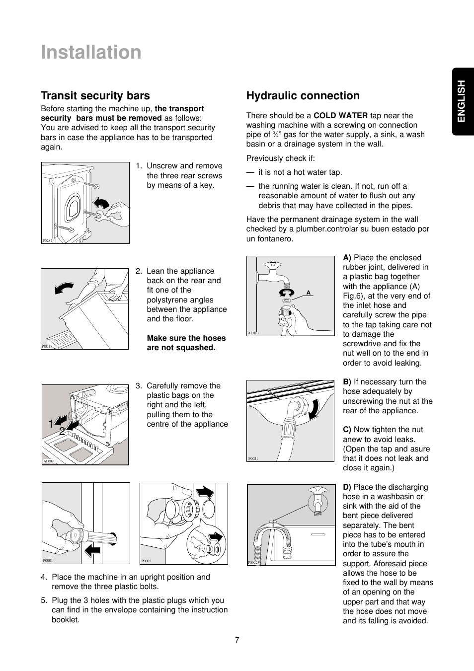 Installation, Transit security bars, Hydraulic connection | English | Zanussi FA 523 User Manual | Page 7 / 42