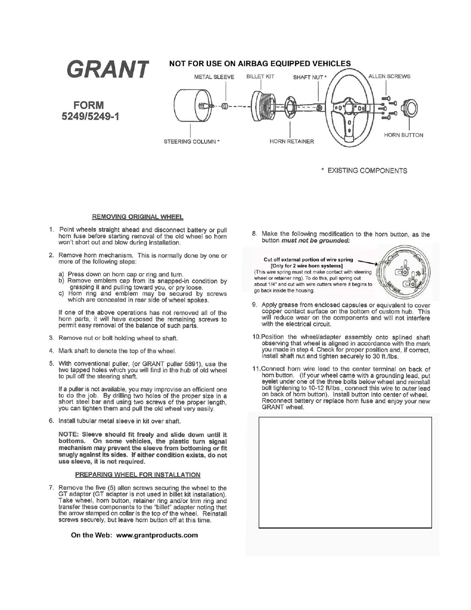 Grant Part #5249-1 - Billet Installation Kit User Manual | 1 page