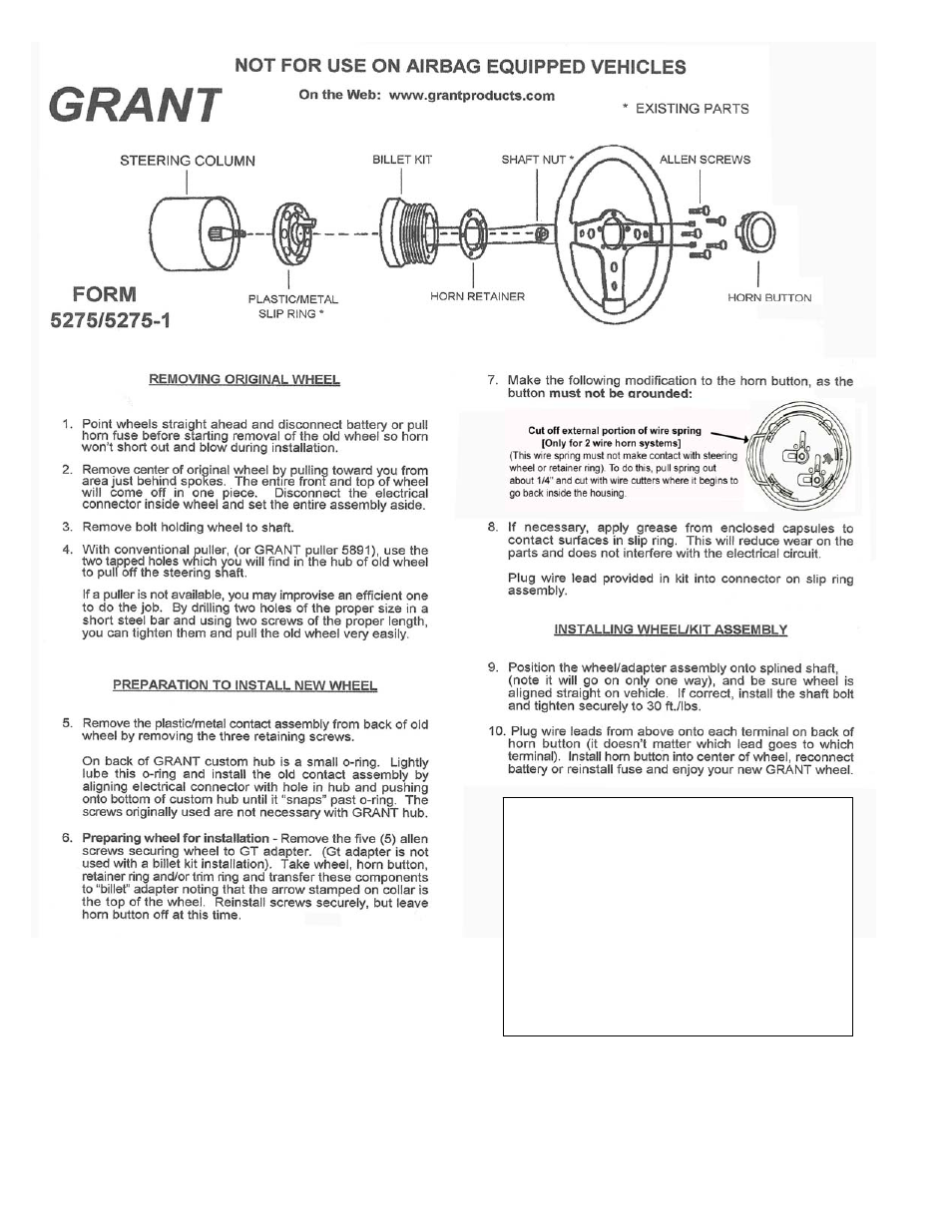 Grant Part #5275-1 - Billet Installation Ki User Manual | 1 page