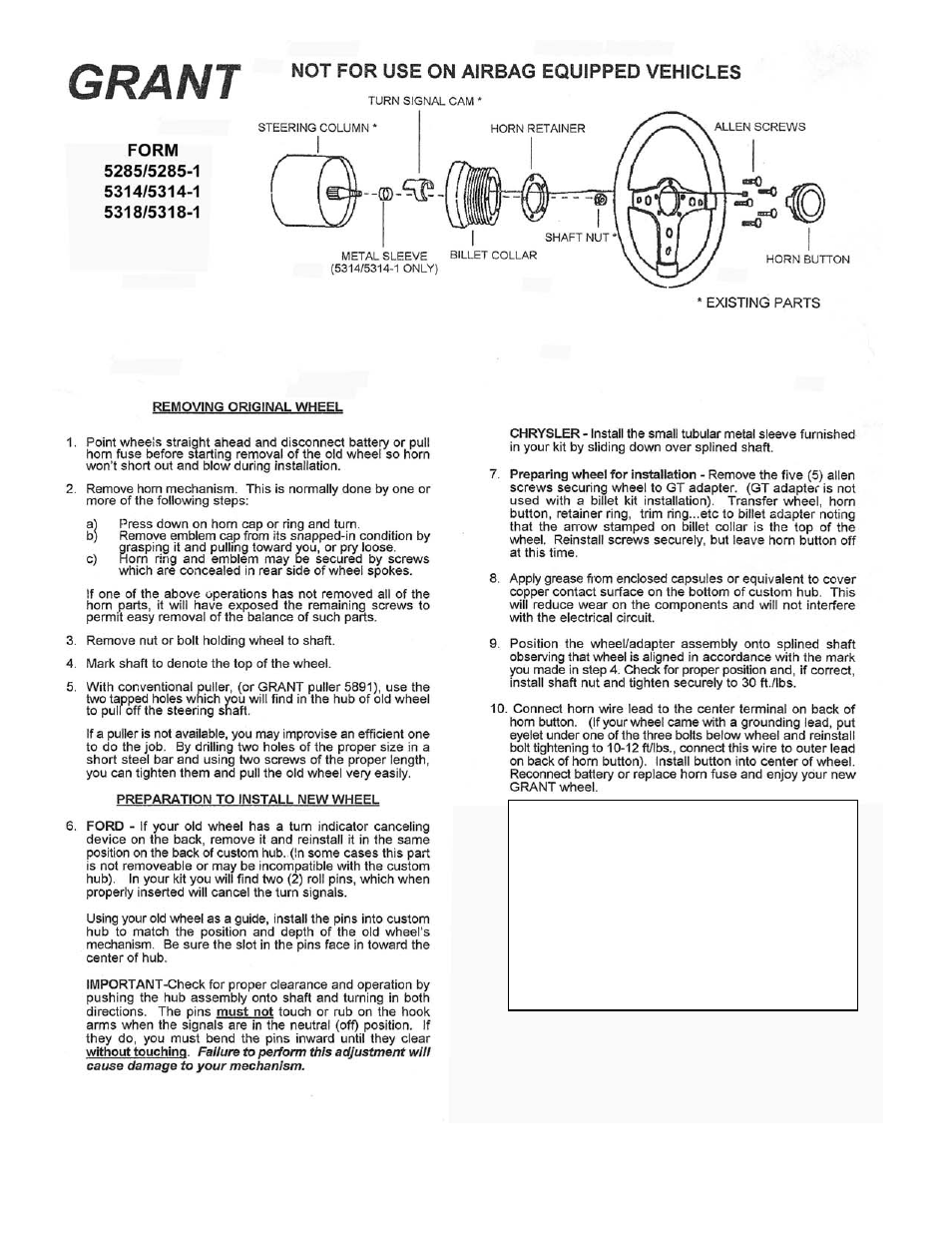 Grant Part #5318-1 - Billet Installation Kit User Manual | 2 pages
