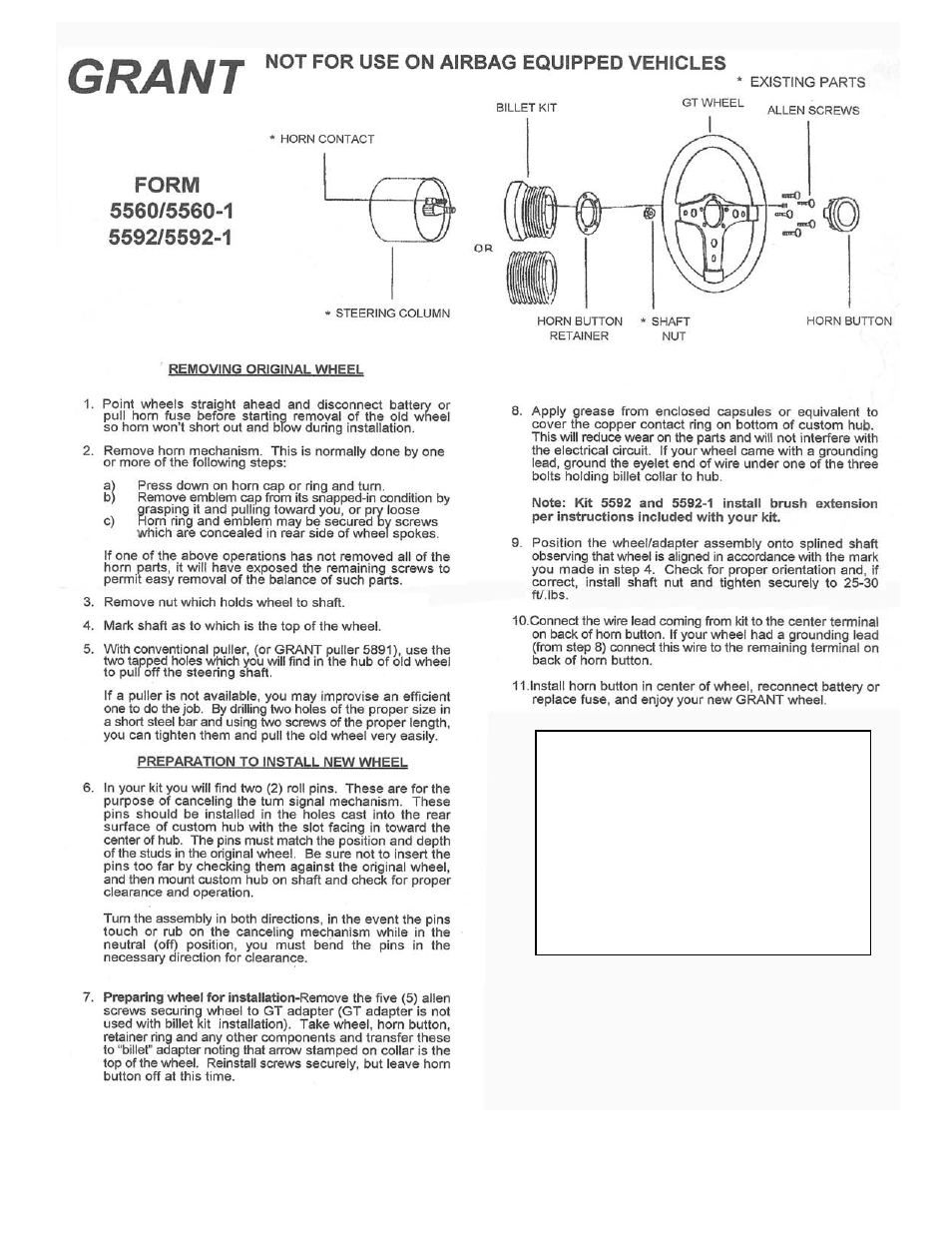 Grant Part #5592-1 - Billet Installation Kit User Manual | 1 page
