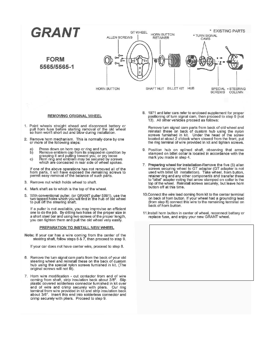 Grant Part #5705 - Banjo Kit GM Van Columns User Manual | 1 page