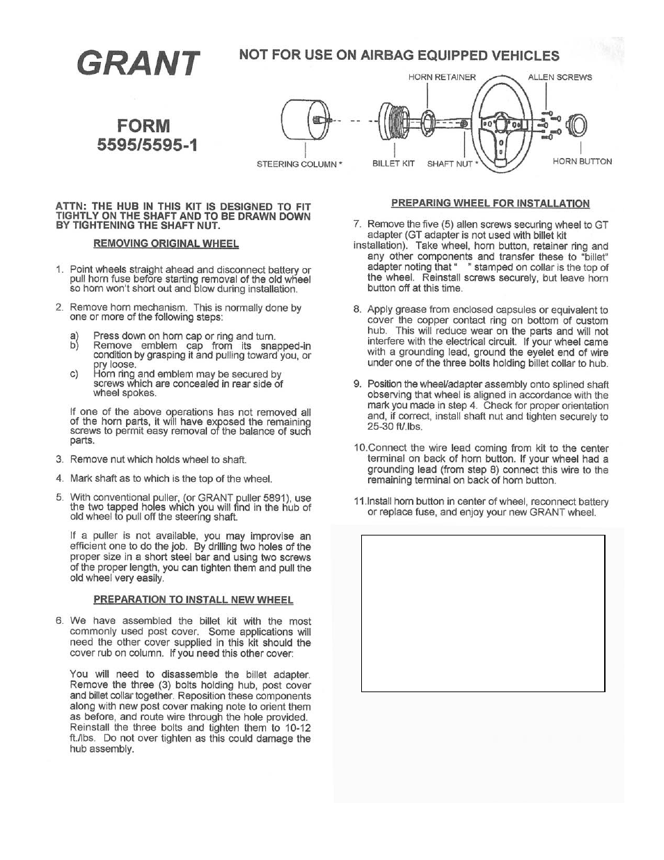 Grant Part #5595-1 - Billet Installation Kit User Manual | 1 page