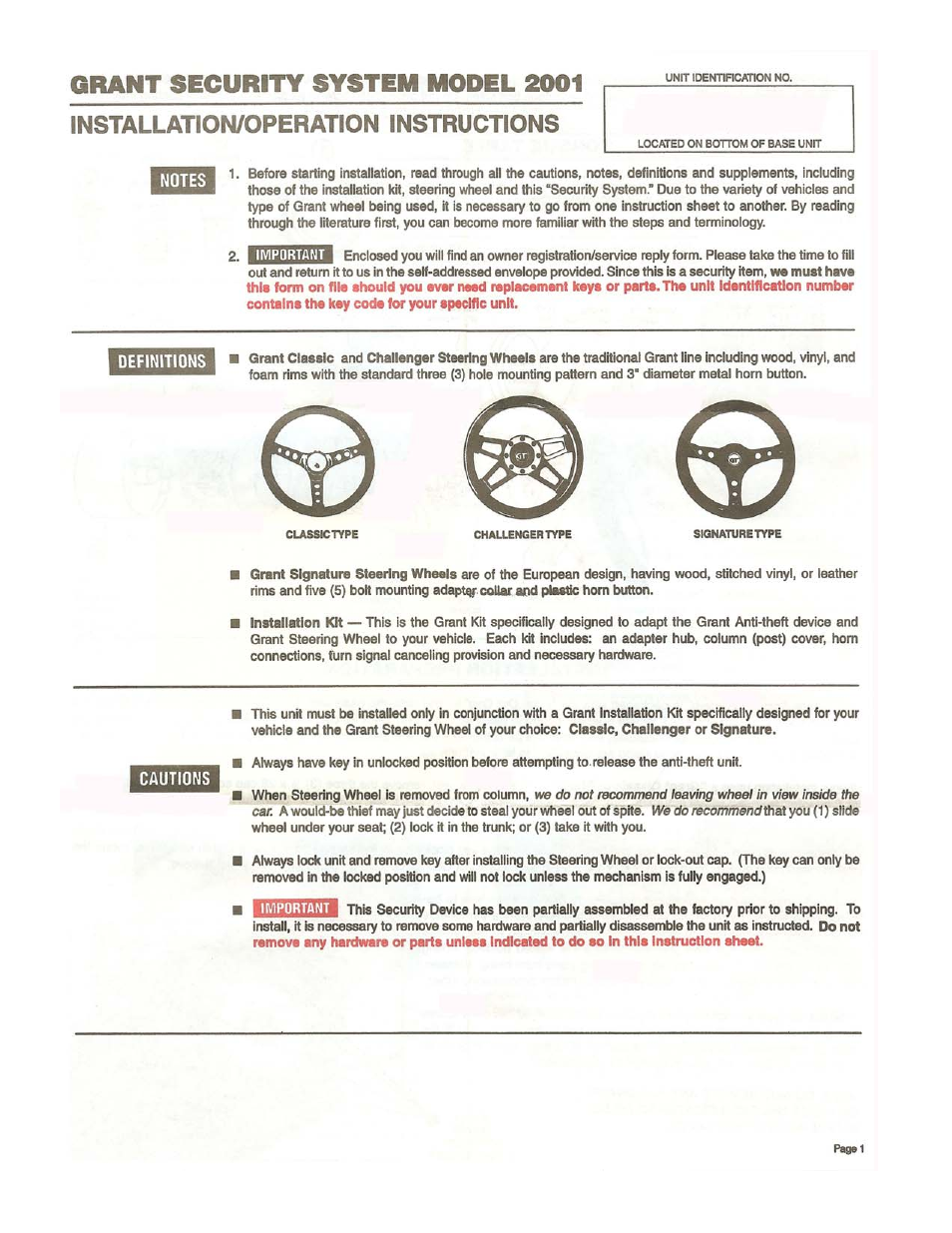 Grant Part #2001 - No Wheel No Steal Vehicle Security System User Manual | 4 pages