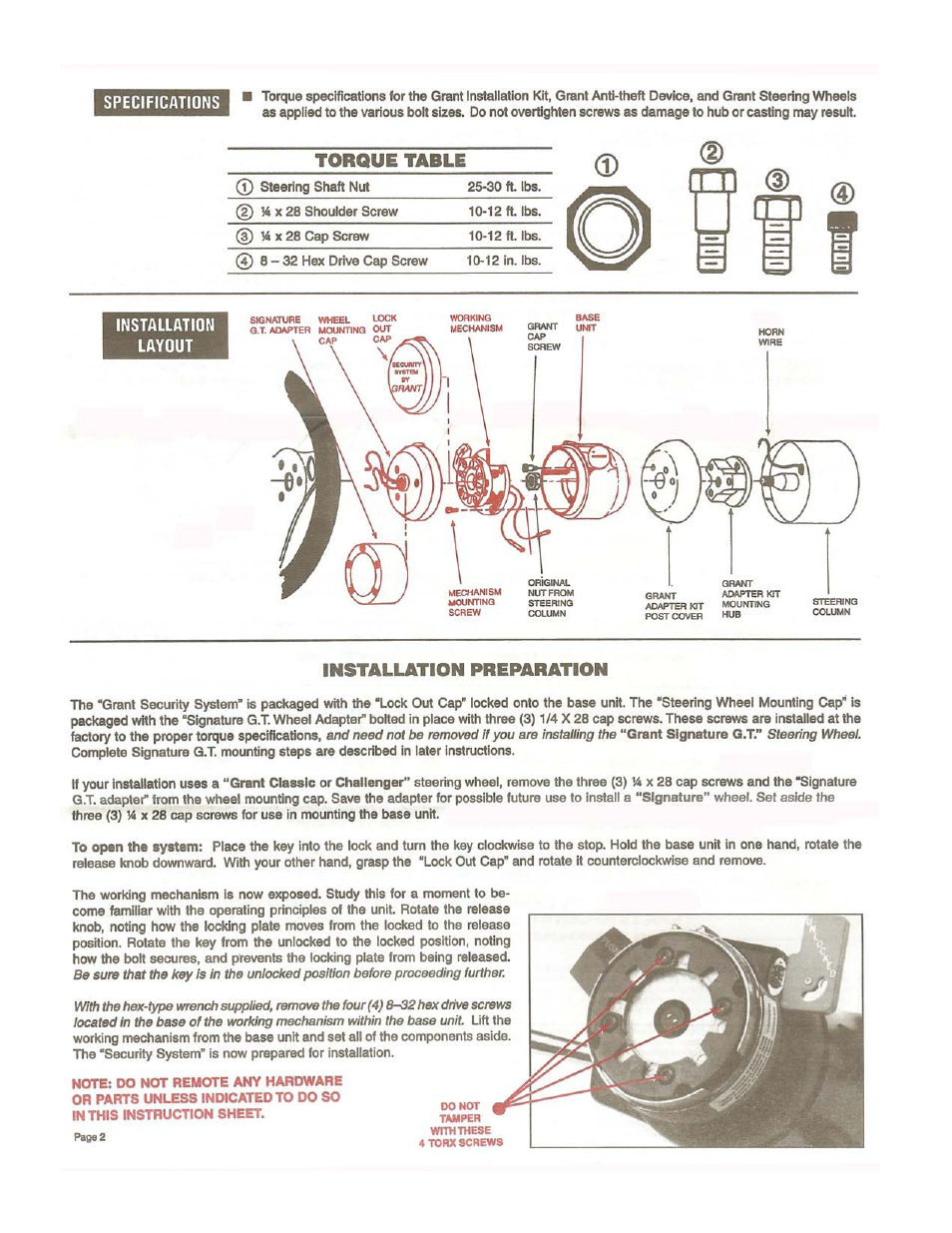 Grant Part #2001 - No Wheel No Steal Vehicle Security System User Manual | Page 2 / 4