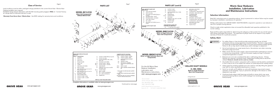 Selection information, Safety alert, Class of service | Parts list, Hollow shaft models h, hm, hmq | Grove Gear Cast Iron – Narrow (NH Series) User Manual | Page 6 / 8